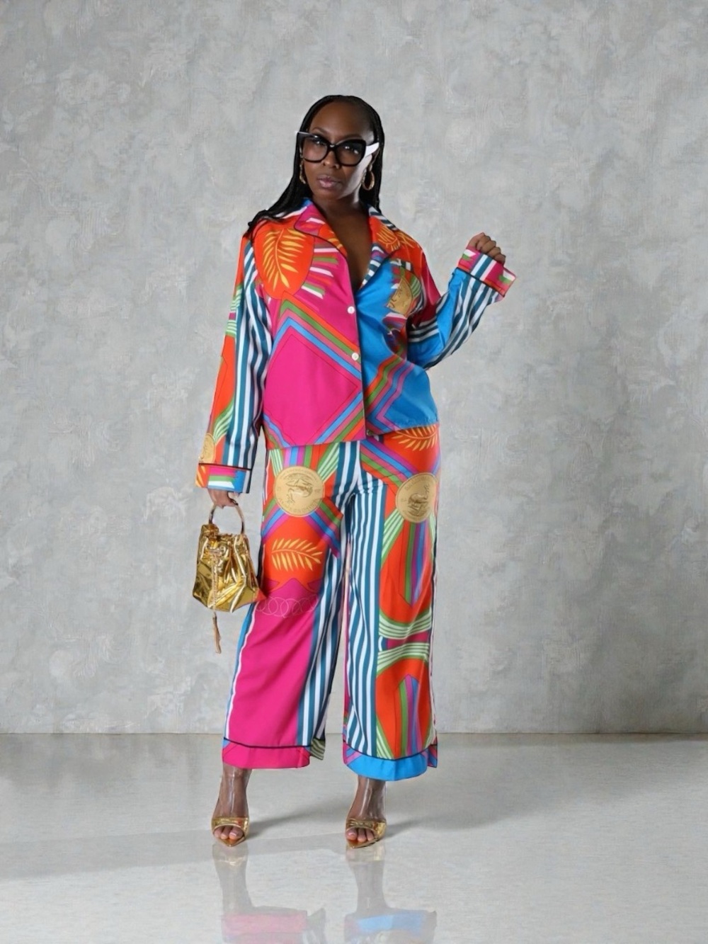 Bold Multi-Color Wide-Leg Jumpsuit Pant Set - Pink & Blue